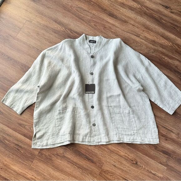 Eskandar Beachy STITCH EFFECT LINEN Stripe Blazer WIDE CHINESE COLLAR JACKET - Picture 12 of 16